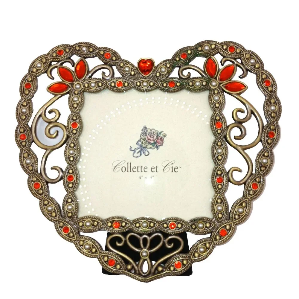 Collette et Cie Heart Shaped Picture Frame Red Rhinestones Floral Ornate 4x4 in